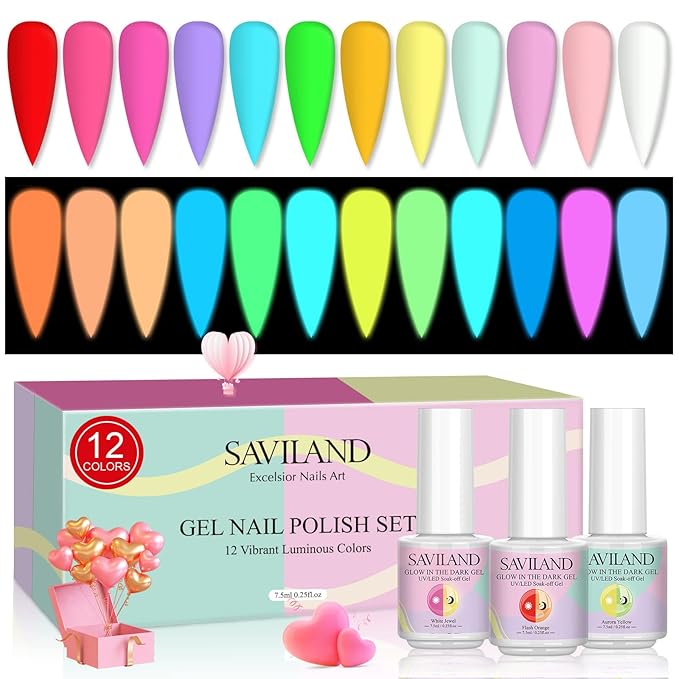SAVILAND 30 Colors Jelly Gel Nail Polish Set with 12 Colors Glows in The Dark Gel Nail Polish Set