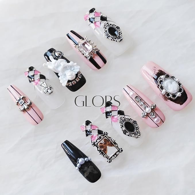 Gothic Press-on Nails, Long Coffin Shape, Pink Black White, 3D Decorative Gems and Charms, Handmade False Nail 10 Pieces (Small,LB)