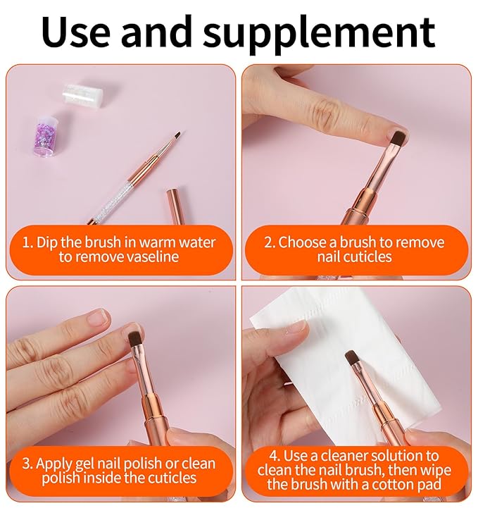 3Pcs Builder Gel Brush, Oval UV Hard Gel Brush for Nail Brushes with Rhinestone Handle, Nails Art Design Perfect for Builder & Polish, Rose Gold