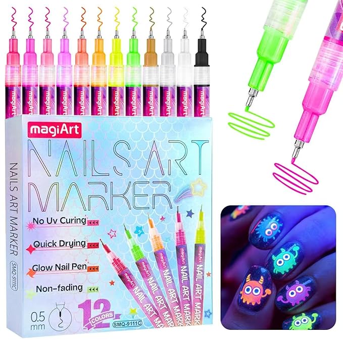 Fluorescent Nail Art Pens, 12 Color 0.5 MM Glow In The Dark Neon Nail Polish Pens Set Drawing Point Painting Liner Painted Pen Kit, Waterproof Nail for DIY Design Manicure Tools