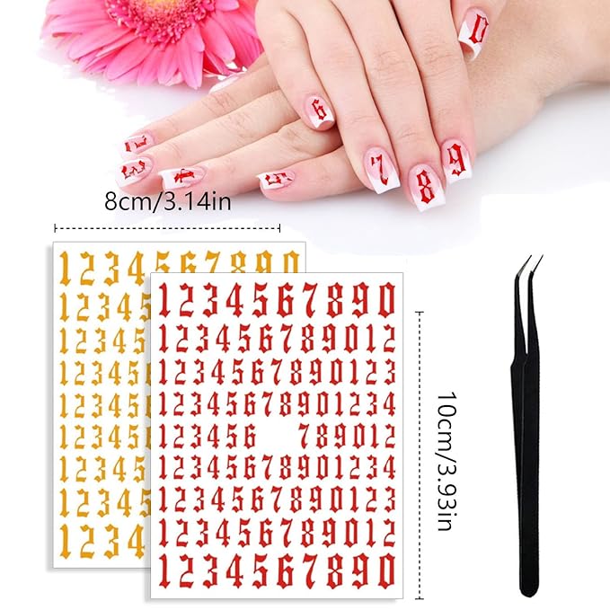SILPECWEE 9 Sheets Number Nail Stickers Tips 3D Laser Nail Decals for Women Self Adhesive Nail Art Stickers Manicure Design Sticker Nails Decoration with 1Pc Tweezers