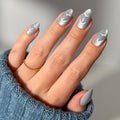 Valentines Day Glamnetic Press On Nails - Cold Hearted | Short Almond Fake Nails with Heart Accent and Pale Blue Velvet Finish, Salon Quality | 15 Sizes - 30 Nail Kit with Glue