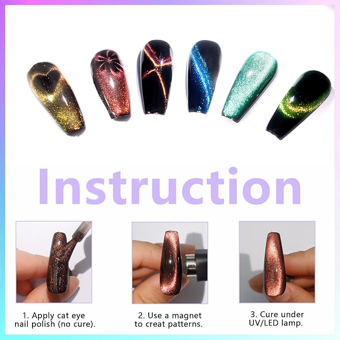 Laza Nail Magnet Set, Super Strong 6-in-1 Cat Eye Magnet for Nails, Nail Magnet Tool for Velvet Gel Polish, Magnetic Nail Polish Wands for 9D Galaxy Cat Eye Nail Art Design