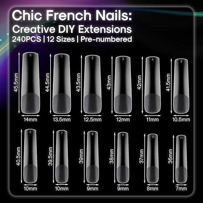 No C Curve XXL Square Nail Tips, Half Matte Clear Half Cover, Square Straight Flat Tips for Acrylic Nails Art Design, Salons, Home DIY Nail Extension(12 Sizes 240PCS)