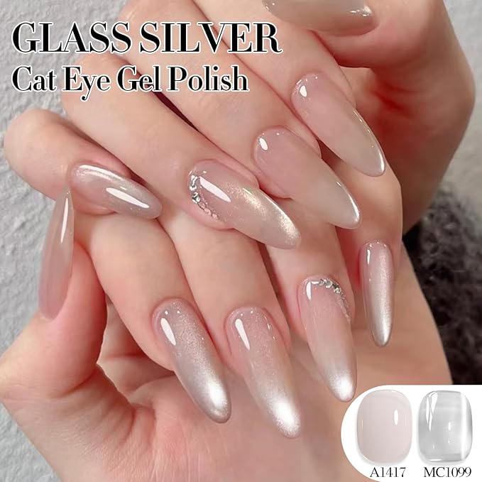 Double Rhythm 0.5 OZ Cat Eye Gel Polish with Magnet 15ML Holographic Glitter Shimmer Translucent Jelly Color Magnetic Nail Polish Salon DIY at Home (Clear Silver-B-MC1099)