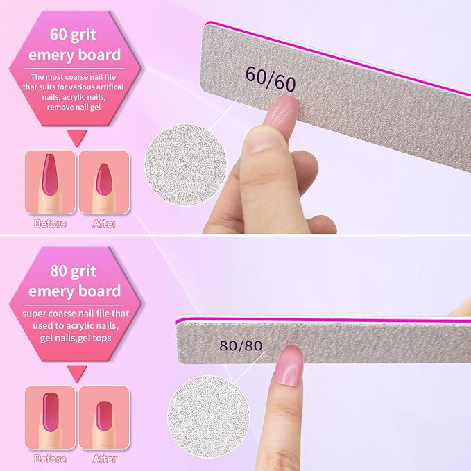 Professional Nail File Manicure Tools for Nail Grooming and Styling, Poly Nail Extension at Salon, Double Sided, 80/80 Grit, 12 Pcs