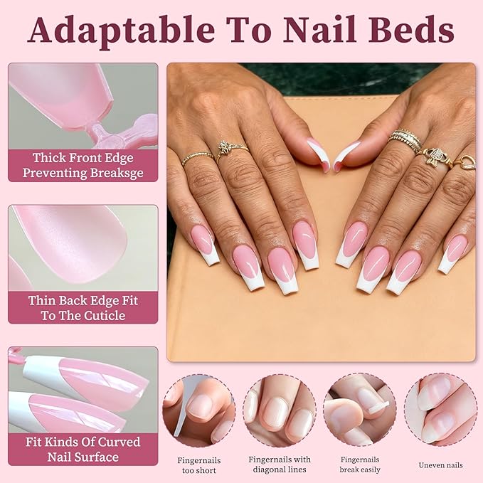 240PC White French Tip Press on Nails Medium Fake Nails Press ons with 5*Adhesive Tabs, Pink Coffin Acrylic Nail Press on Nail French Tip Nails False Artificial Fingernails Stick on Nails-A