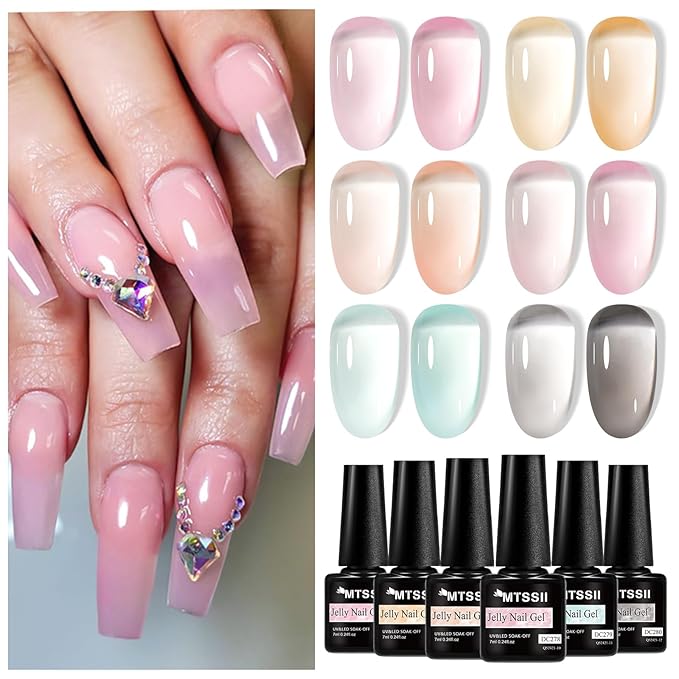MTSSII Sheer Crytal Gel Nail Polish Set Jelly Gel Polish Kit 6 Colors Translucent Pink Blue Orange UV Nail Polish Glass Gel Polish Neutral Soak off Manicure Kit