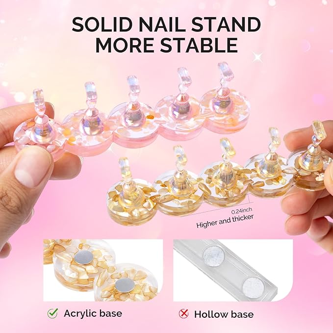 MelodySusie Nail Stand for Press Ons, Round Shell Shape Magnetic Base for Painting Display with Brush Holder and 100 Pcs Reusable Double-Sided Tape for Home DIY Salon Supplies, Pink and Brown