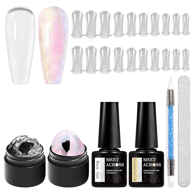 MEET ACROSS All-in-One Extension Mini Kit 2×7ml Non-Sticky Builder Gel Starter Kit WIth Base & Top Coat/Dual-Silicone Pen/Pro File/20-Pc Reusable Dual Forms Salon-Grade Extensions (Clear+Ultra Pink)