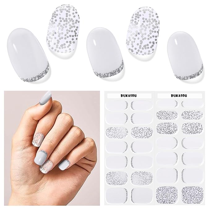 Semi Cured Gel Nail Strips, 28 pcs Gel Nail Stickers, Work with Any UV Lights, Shinny French Long-Lasting Nail Wraps, Stick on Nails for women Easy to Apply & Remove