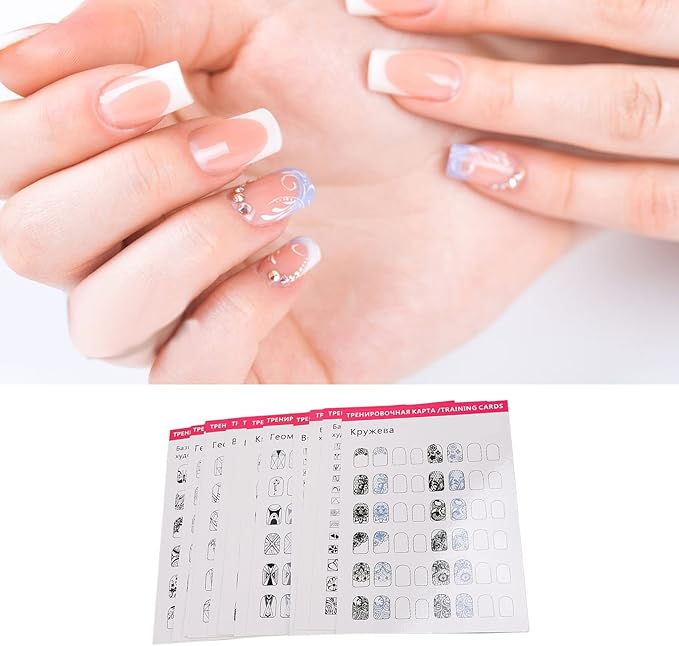 Dioche Nail Art Training Cards Practice Lines Drawing Painting Template, Nail Training Mat Stereograph, Washable Reusable Multi Nail Shapes 12 Modes Nail Art Practice Sheet for Nail