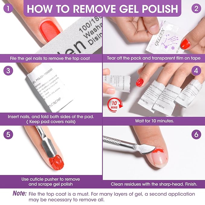 GELLEN Acetone Gel Polish Remover Pads, Professional Nail Polish Remover Pads, 200 Pack Travel Bulk Set with Tools, Individually Wrapped Quick & Effective Soak Off Remover for Salon Home