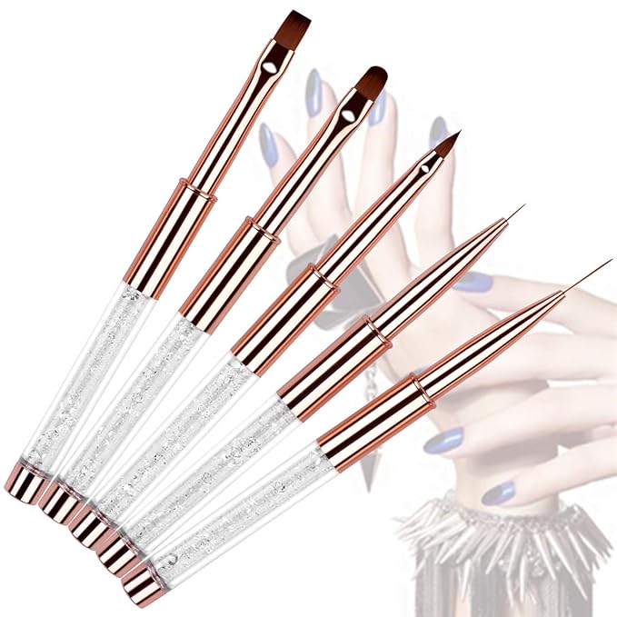5pc Nail Art Brush Set - Rose Gold Rhinestone Handles with Gel Polish, Liner, Drawing Brushes for Salon & DIY Manicure