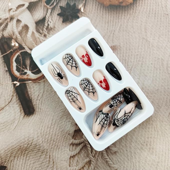 Halloween Press On Nails, Medium Almond Spider & Spider Web Acrylic Nails with Blood Drop Design, Full Cover Glossy False Nails, Stick On Jelly Press On Nails for Women & Girls, 24 Pcs