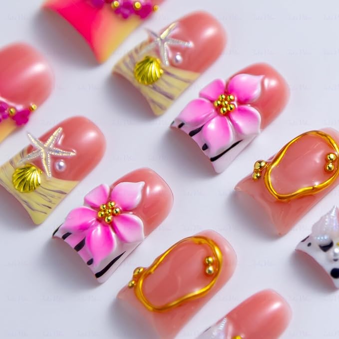 10 Pieces Luxury Acrylic Press On Nails Short Handmade Duck Nails, Pink Thickened False French Nails, 3D Flowers, Conch Shells And Starfish, Reusable Fake Nails, Acrylic Nails (L)