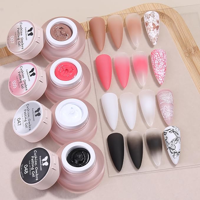 Cushion Ombre Nail Art Gel Kit with 3D Sculpting Gels, 4 Colors Gradient Painting Gel Polish Set with 100 Sponges, Brush & Carving Pen, Aura Nails DIY Home Manicure Salon Supplies