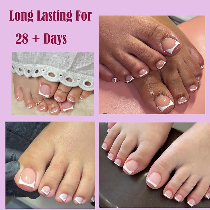 Toe Nail Press Ons, French Tip Toe Press On Nails for Salon, 150pcs Square Pre-Designed Soft Gel Thick False Toenail Extension, French Nude Acrylic nails Valentines Gifts for Women 15 Sizes
