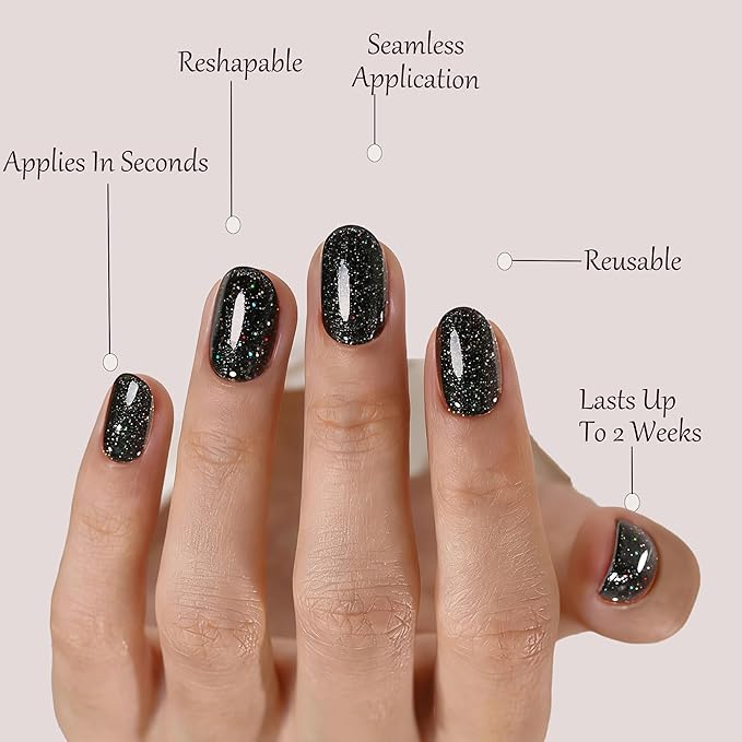Black Press On Nails Oval Glitter -Short Press On Nails with Nail Glue, Fit Perfectly & Natural Reusable Stick On Nails in 12 Sizes - 24PCS Soft Gel Glue On Nails Kit