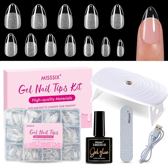 Misssix Short Almond Gel Nail Tips Kit, 360Pcs Pre Etched Clear gel x Fake Nails, Full Cover False Nail 9-in-1 Gel Glue and Portable Mini U V Nail Lamp for Women 12 Sizes