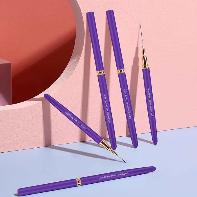 Nail Art Liner Brushes, 5Pcs Liner Brush For Nails, Painting Nail Art Brush Set Dotting Drawing Tool for Long Lines, Thin Details, UV Gel Polish Painting, Fine Drawing 7/9/11/15/25mm(Purple)