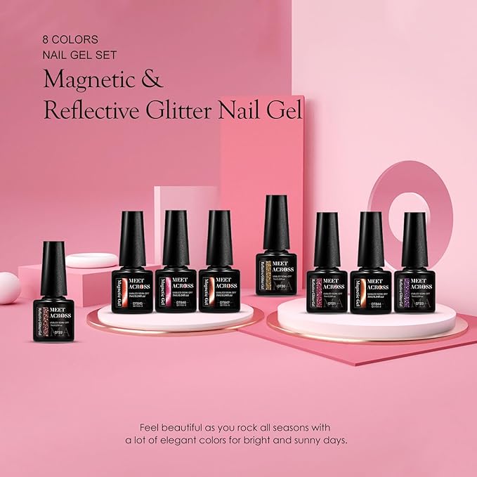 MEET ACROSS 8pcs Nail Polish Set, Soak off UV LED Lamp Cat Eye Gel Set, Home Manicure Kit 7ml (Amber Cat Eye + Diamond Gel)