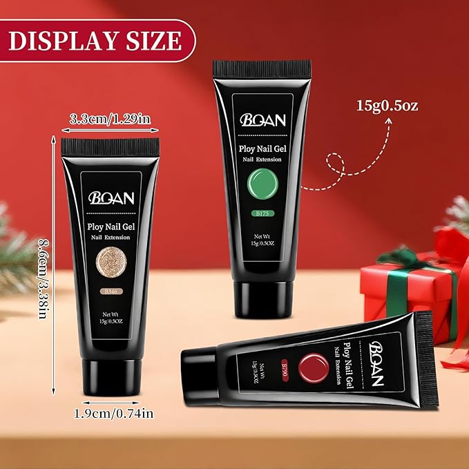 Poly Nail Gel Kit by BQAN - 6 Colors | Professional Nail Extension Gel | 15ml Each Low Odor Formula for DIY Nails | 28-Day Wear Christmas Red Black Gold Gitter
