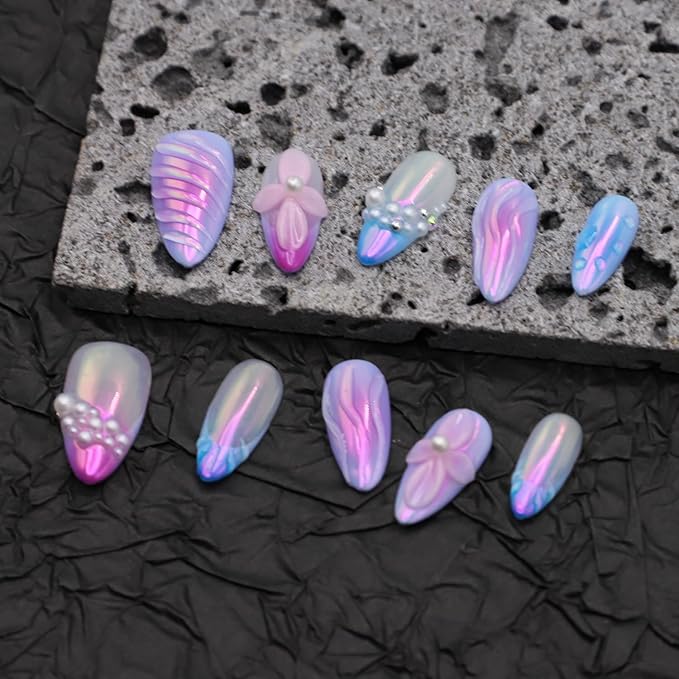 Thick Press on Nails Handmade Nails Medium Almond Nails Aurora Purple Fake Nails with 3D Flower Art Design Reusable Acrylic False Nails with Glue, Nature Stick on Nail for Wome (Size S)