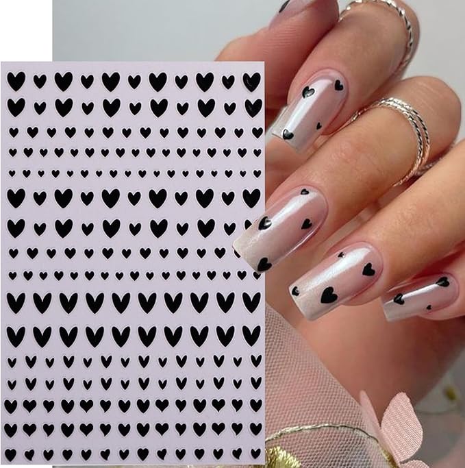 Heart Nail Stickers Decals for Nail Art, 6Sheets 3D Self Adhesive Hearts Nail Art Stickers for Women Gold Black White Red Heart Love Patterns Elegant Design DIY Valentines Manicure Accessories