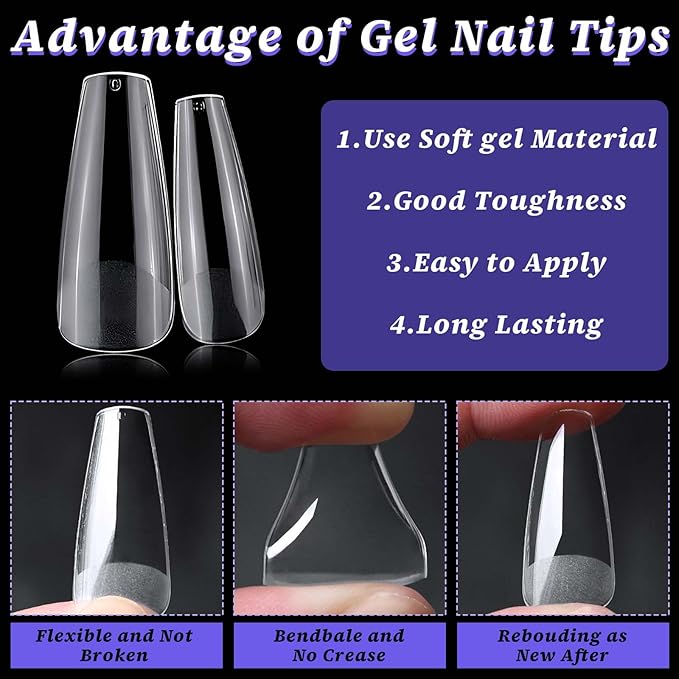 240pc Coffin Gel Nail Tips Long Fake Nails Clear Press ons Nail, Long Coffin Nails Tips Acrylic Nails Extension Soft Gel Nails Tip Full Cover Ballerina False Nail Clear Artficial Fingernails