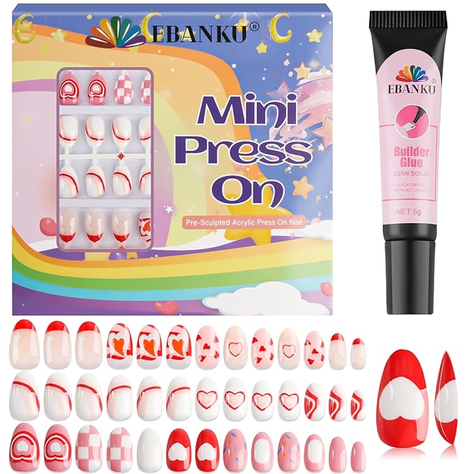 78 Pieces Press on Nails for Kids, EBANKU 3 Pack Kid Fake Nail Kit Red Heart Press on Nails for Girls 8-12 Years with Nail Builder Glue