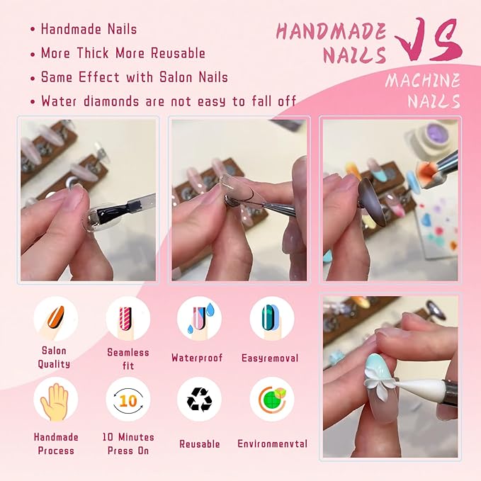 Press On Nails Medium Square Handmade Fake Nails Artistic Design 3D Thick Acrylic and Muti-Layer Gel False Nails Reusable Acrylic Fake Nails for Parties & Daily