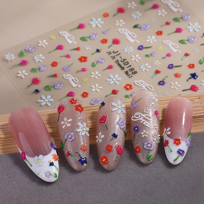 Flower Nail Stickers for Nail Art Flowers Nail Art Stickers Summer Floral Bouquet 5D Embossed Nail Decals Self-Adhesive Nails Supply Manicure Sliders Flower for Nails Decoration 4 Sheets