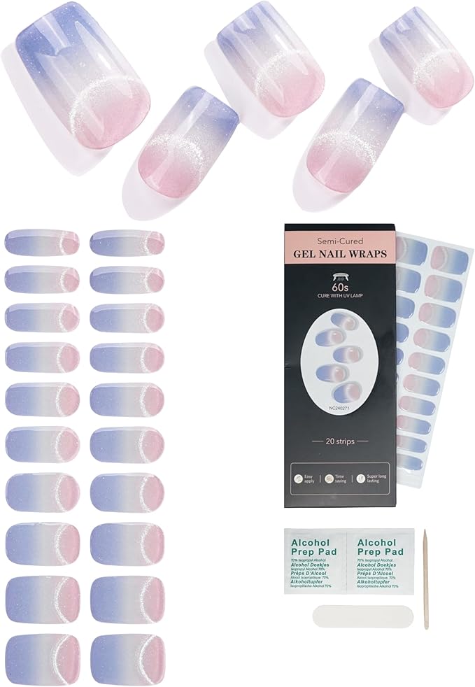 Semi Cured Gel Nail Strips - 20pcs Glaze Gel Stickers, Salon Quality DIY Wraps, Easy to Apply, UV Light Required