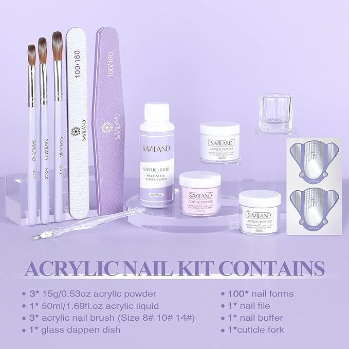 Saviland Acrylic Nail Kit for Beginners: 0.5 Oz Clear White Pink Acrylic Powder, 1.7 fl oz Acrylic Liquid, #8/10/14 Brushes, 100Pcs Nail Forms & Manicure Tools Professional Nail Kit Acrylic Set