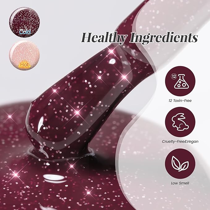 YTD Likomey Color Changing Gel Nail Polish,15ml Light Pink To Burgundy Glitter Mood Temperature Change Colors Ombre Thermal Salon Home Fall Winter Manicure UV Varnish,WB209
