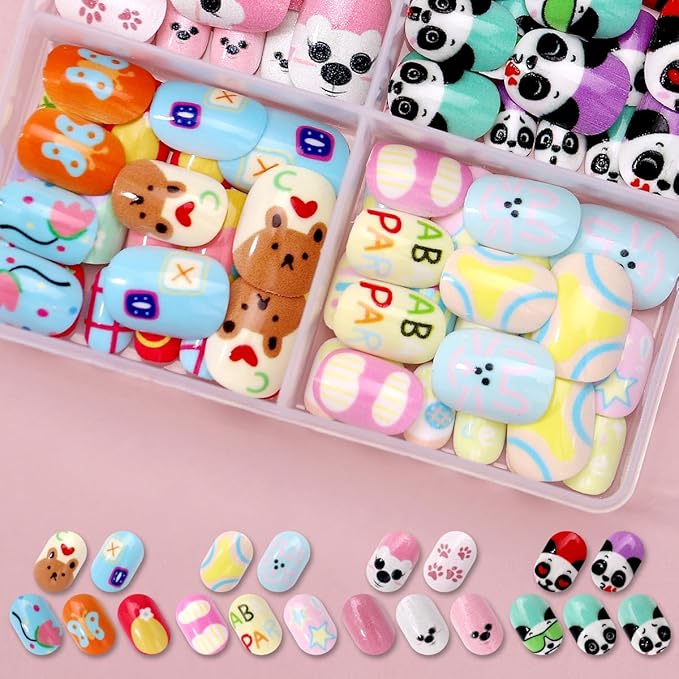 96Pcs 4 Packs Cute Short Press on Nails for Girls 4 Styles 12 Sizes Press on Nails for Kids Press ons with Panda Flower Animal Designs Full Cover Acrylic Nails for Little Girl Gift DIY Manicure