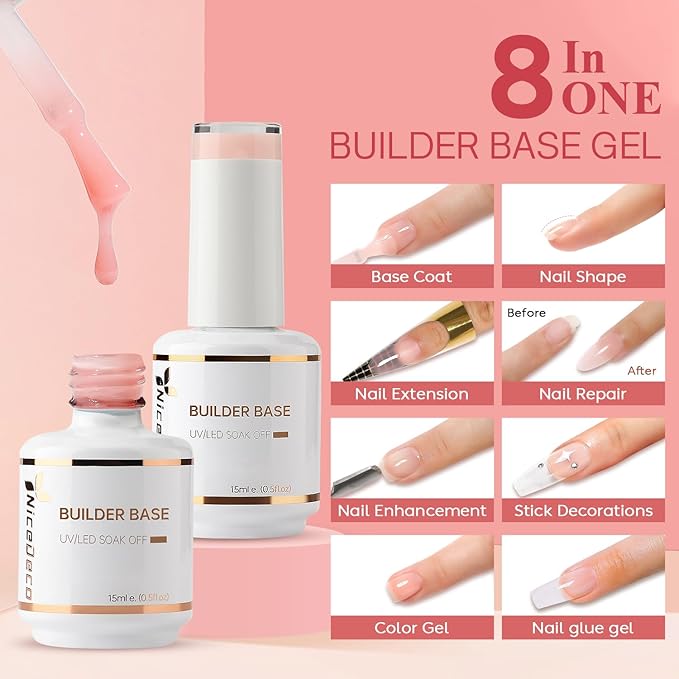Nicedeco Hema Free Builder Base Gel Nail Polish 2 Pcs 15ml Cruelty Free Vegan Nude Pink Color Soak Off LED U V Gel Nail Kit Manicure