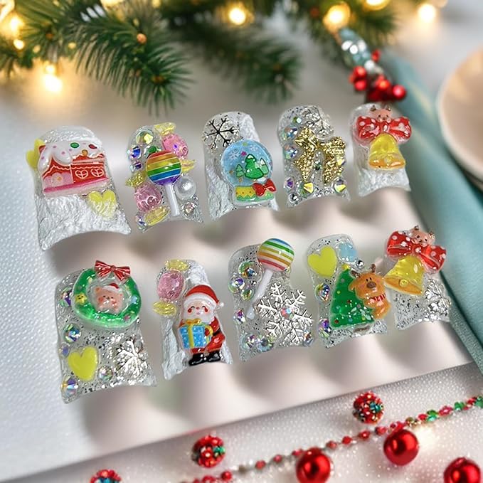 Christmas Luxury Press on Nails Short Duck Handmade 3D Unique Reusable ABS Material Fake Nails Cute False Nails with Santa Reindeer Tree Snowflake Bow Glossy Glue on Nail Thick Acrylic Nail(M)