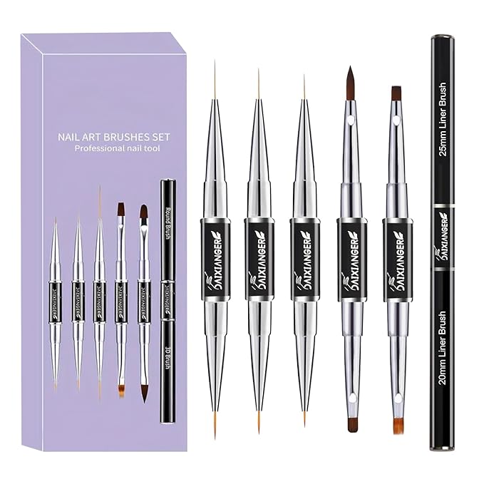 5 Pcs Nail Art Brush Set, Nail Art Brushes Double-Ended, Nail Liner Brushes and Nail Design Brush for Long Thin Liner Nails Detail, 3D Brush for Nails Art Gel Nail Polish Acrylic Nail Drawing