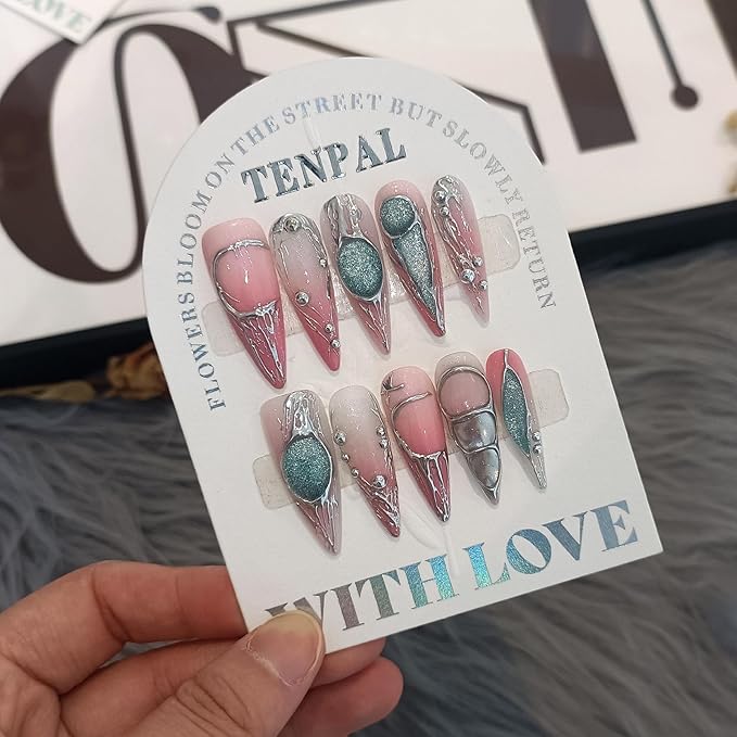 Long Stiletto Press on Nails,Pink-Silver Holographic Gradient Hand-Painted Moons Fake Nails with 10pcs Tools,3D Cat Eye Glitter False Nails,Edgy Meteors Design Sweet-Edge Metal Nails(L)