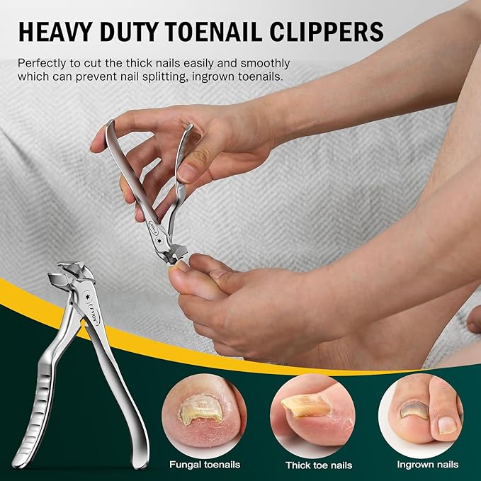 FVION Ergonomic Handle Nail Clippers for Seniors, Angled Head Toenail Clippers for Thick Toenails and Fingernails, Wide Jaw Opening Precision Nail Trimmer with Catcher (Silver)