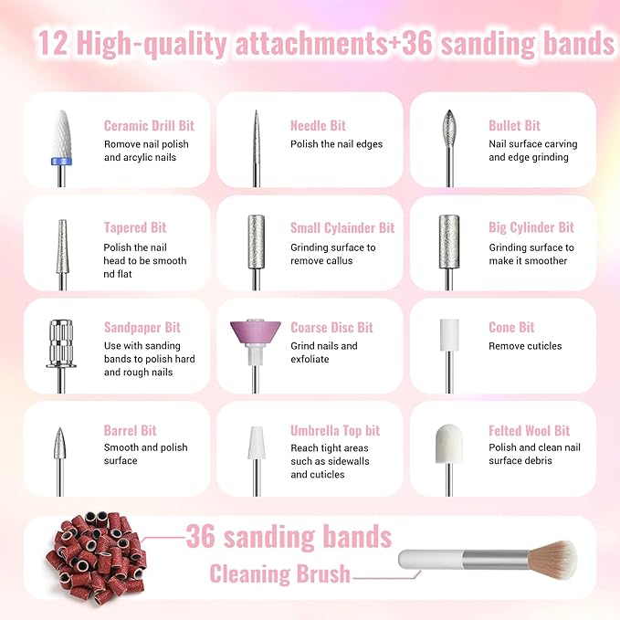 Electric Nail Drill Cordless, 35000RPM Portable Electric Nail File with LCD Display and 12 Nail Drill Bits for Acrylic & Gel Nails, Professional Manicure & Pedicure Kit Set Pink