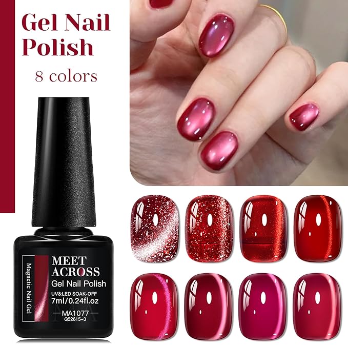 MEET ACROSS 9Pcs Glitter Red Cat Eye Gel Nail Polish Burgundy Red Cateye Gel Polish Magnetic Nail Polish with Magnet Bloody Mary Series Sparkle Red Manicure DIY Gifts 8 Colors