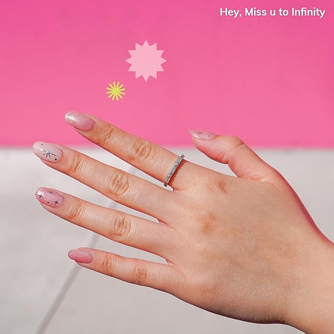 Heyhae Semi Cured Gel Nail Strips | No LED Lamp Needed | Glitter, Pink, Spring | Easy Apply & Remove, Salon Quality |Includes 28 Strips, 1 Prep Pads, Nail File & Wooden stick - Hey, Miss u to Infinity