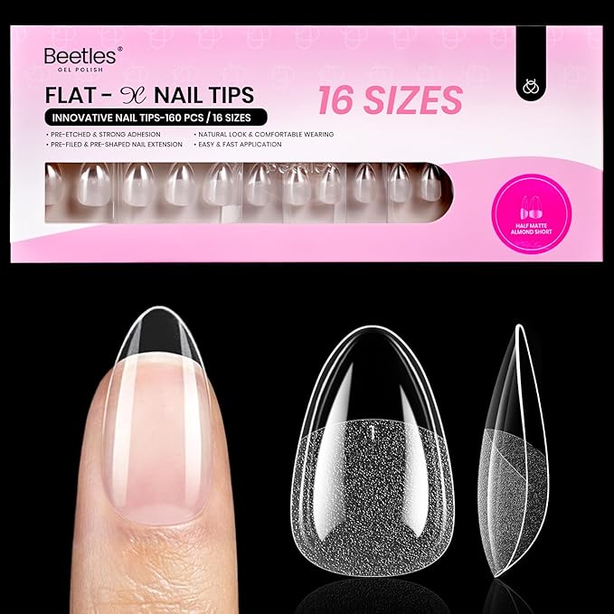 Beetles Gel Nail Tips Flat-X - Almond Short, 160pcs 16 Sizes, Pre-Etched Half Matte Full Cover Soft Acrylic False Nail Tips Clear Press on Easy DIY Extension Salon for Flat & Natural Nail Beds