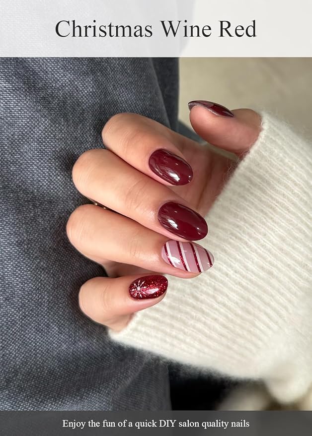 Semi Cured Gel Nail Strips (Christmas Wine Red), Christmas Wine Red, 20 Pcs Gel Nail Wraps, Stickers, Snowflake, Works with Any UV Lamps