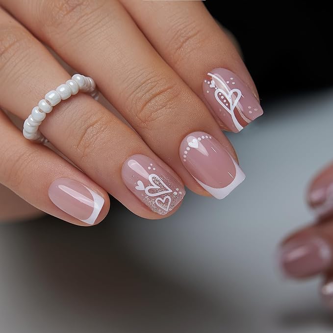 CurvLife Press On Nails – 30Pcs Soft Gel Fake Nails, Reusable Glue On Nail Kit with Adhesive Tabs, Natural Fit & Salon-Quality for Women & Girls (Sweet Heart French)