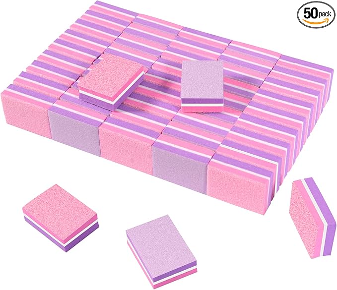 CGBE Nail Buffer (50 Pack), Buffer Block Nail File 100/180 Grit, Mini Nail Buffers Block Sponge Double Sided Nail File for Acrylic Nails Manicure Tools (Pink-Purple)