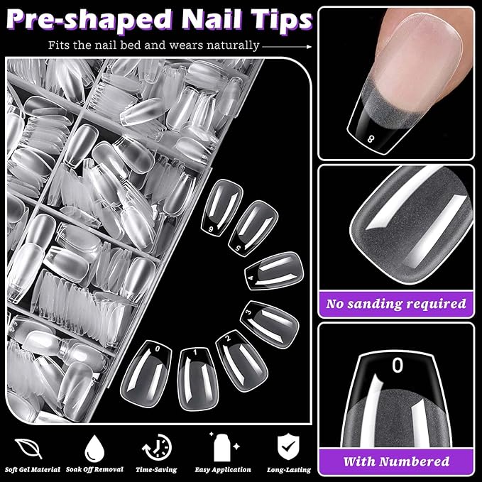 LoveOurHome 750pc Short Coffin Nail Tips Clear Fake Nails Coffin Gel Nail Tips Full Cover Acrylic Nails Clear Press on Nails Short False Nail 15 Size Artificial Fingernail for Gel Nail Extension